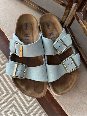 Birkenstock Light Blue Suede Two-Strap Sandals with Gold Buckles